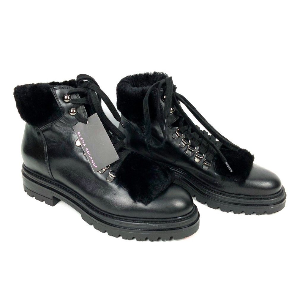 New Elena Solano Womens Black Leather Shearling Inside Combat Boots Sz 40 (9.5) - Picture 6 of 16